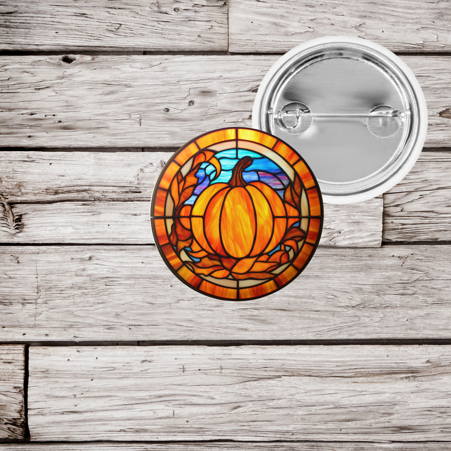 Stained Glass Pumpkin Pin Back Button, Magnet, Keychain