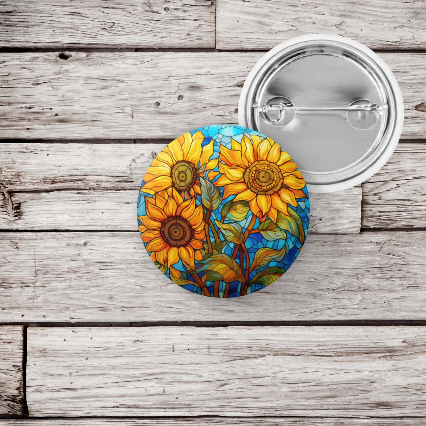 Stained Glass Sunflower Pin Back Button, Magnet, Keychain