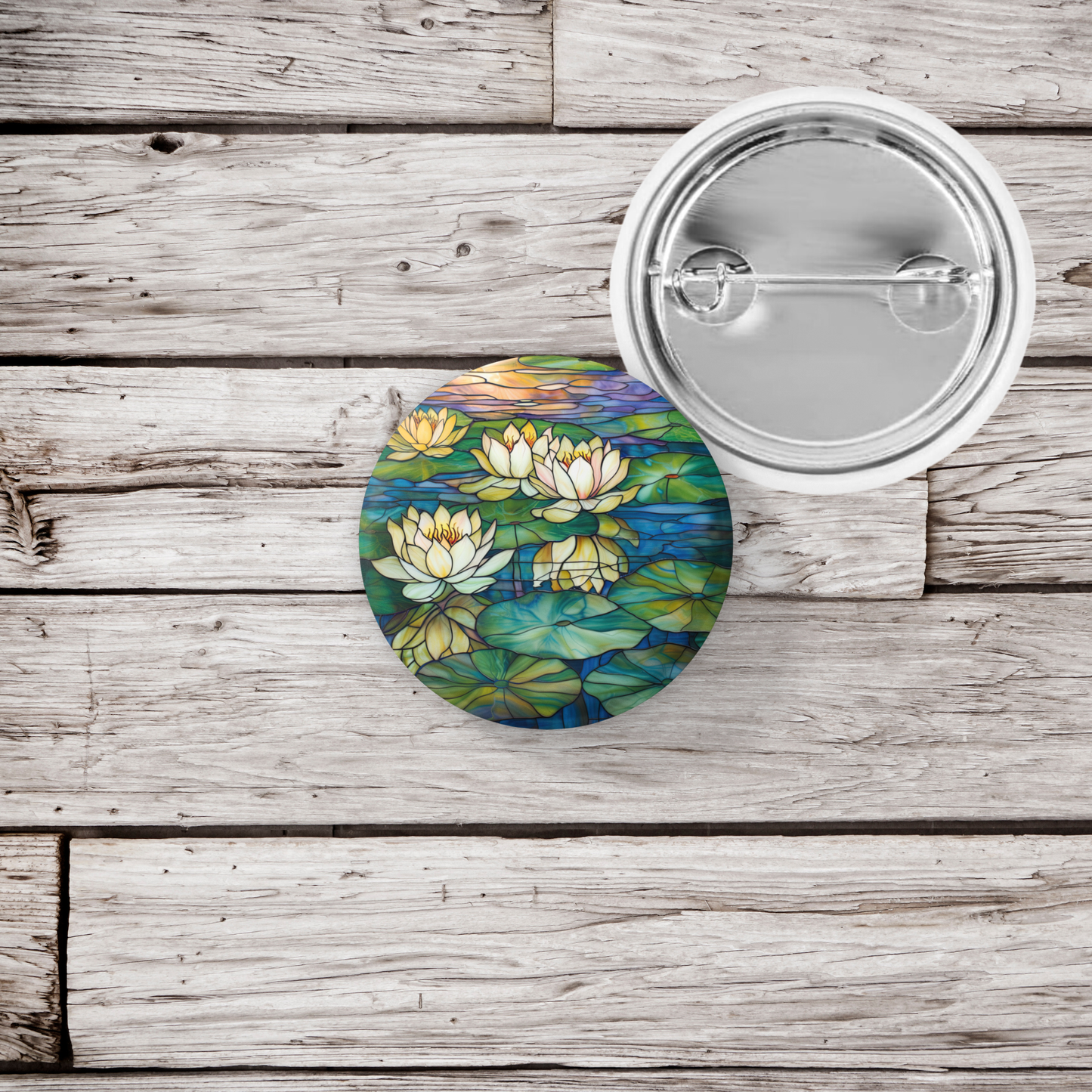 Water Lily 1 Stained Glass Pin Back Button, Magnet