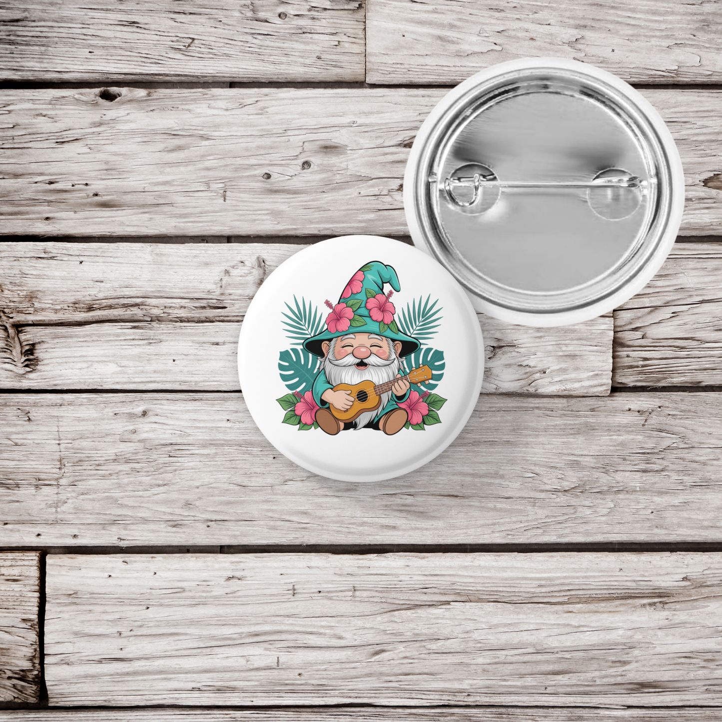 Tropical Beach Gnome Pin Back Button, Magnet