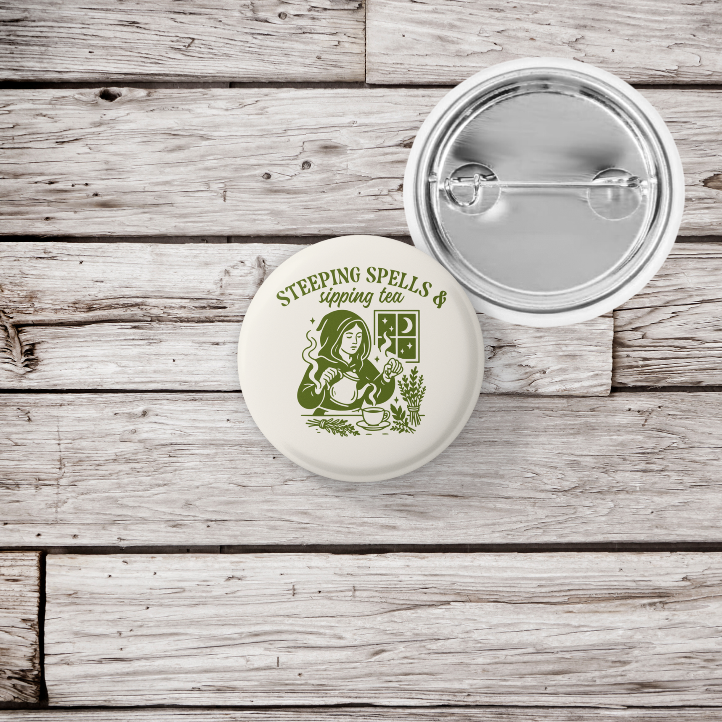 Steeping Spells & Sipping Tea Pin Back Button, Magnet