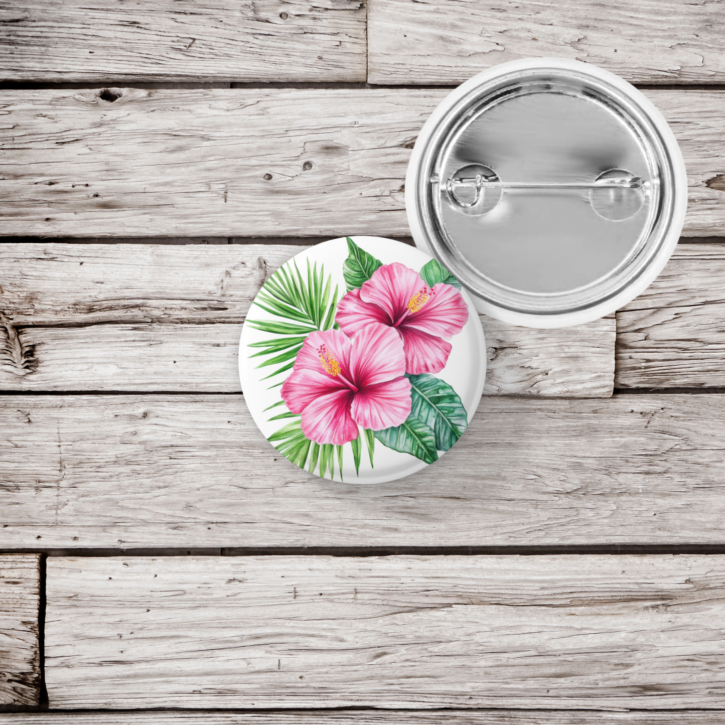 Pink Hibiscus Flower Pin Back Button, Magnet