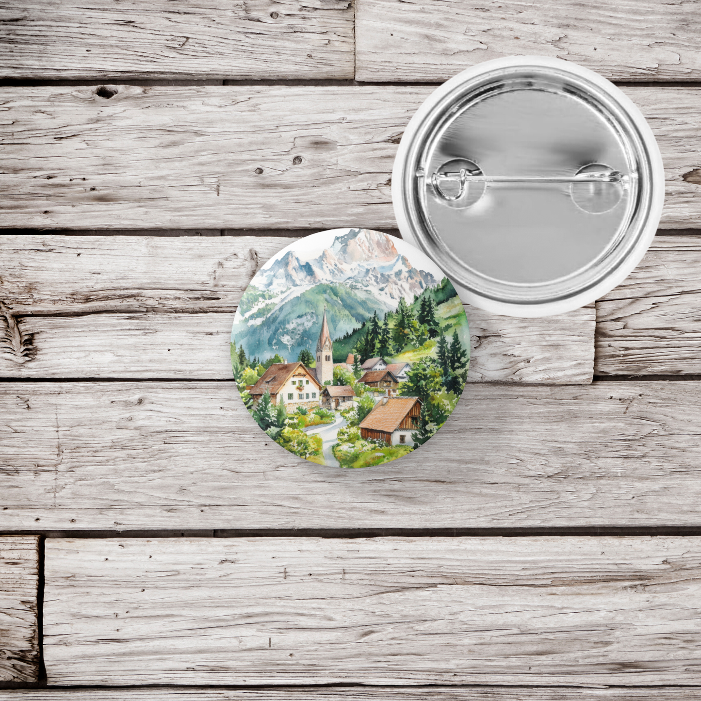Mountain Village Pin Back Button, Magnet