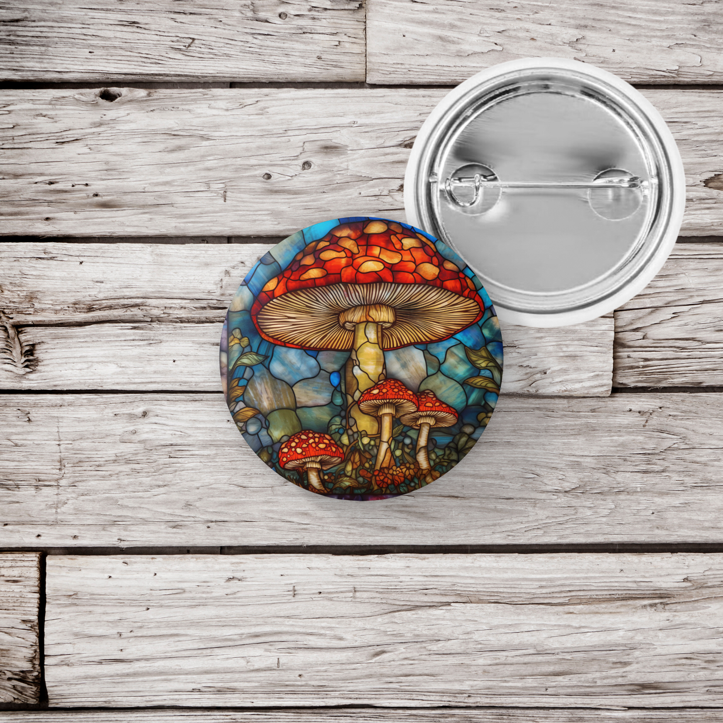 Stained Glass Mushroom Pin Back Button, Magnet, Keychain