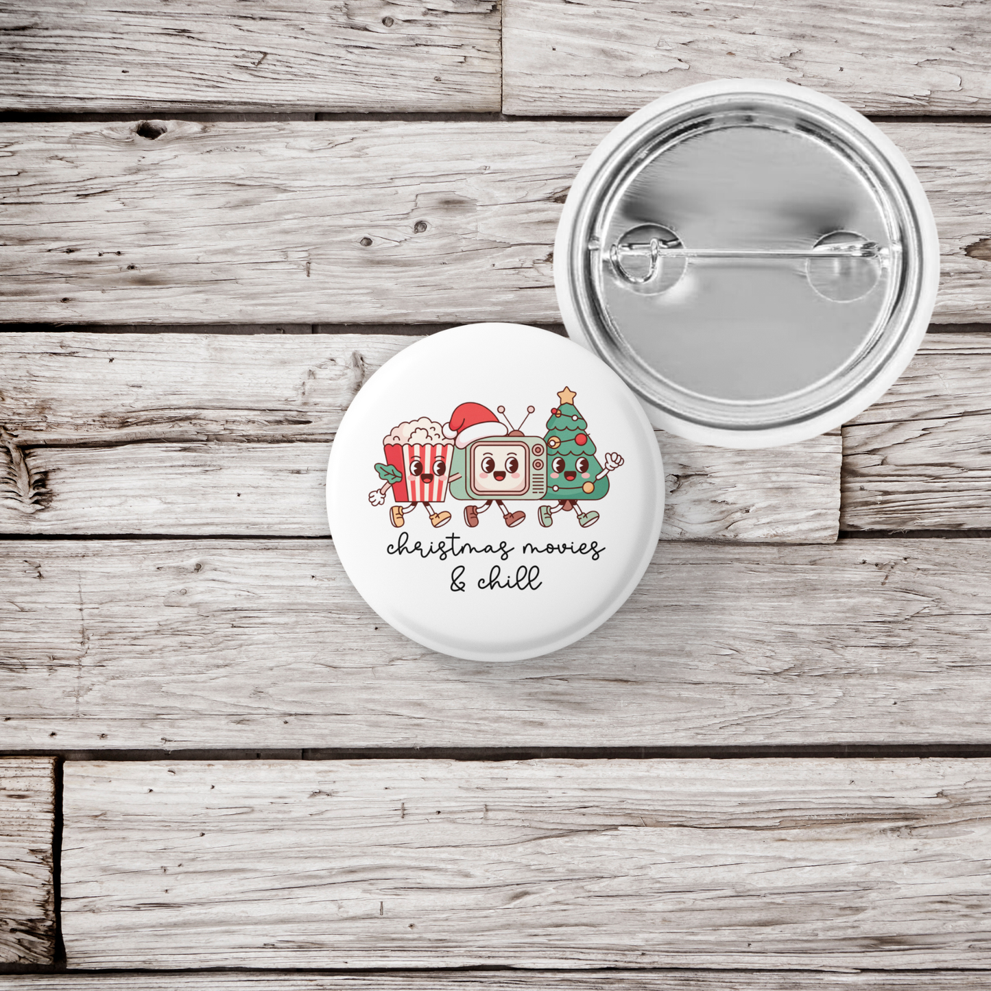 Christmas Movies & Chill Pin Pin Back Button, Magnet