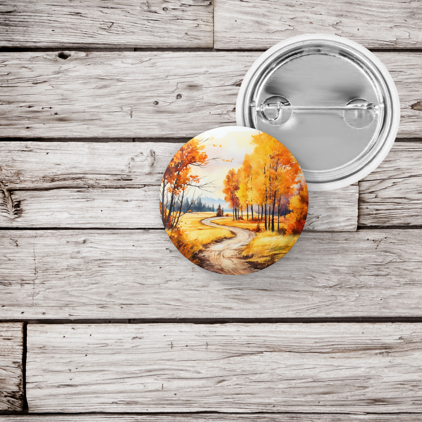 Fall Road Landscape Pin Back Button, Magnet, Keychain