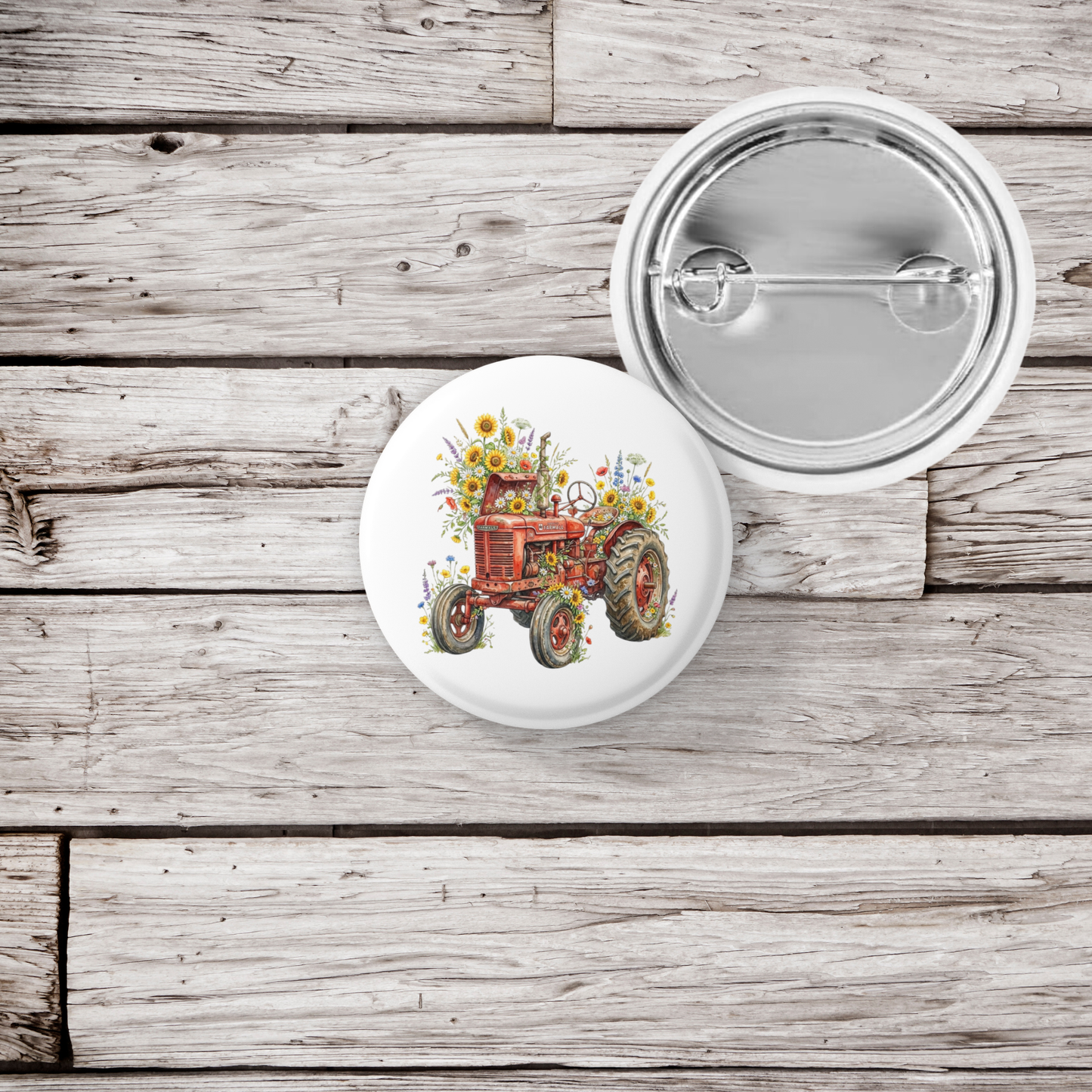 Floral Tractor Pin Back Button, Magnet