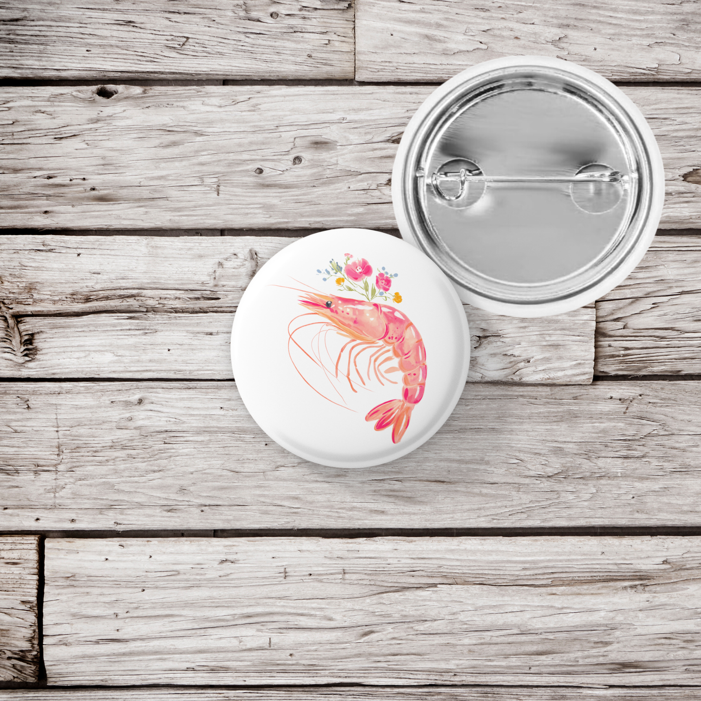 Pink Floral Shrimp Pin Back Button, Magnet