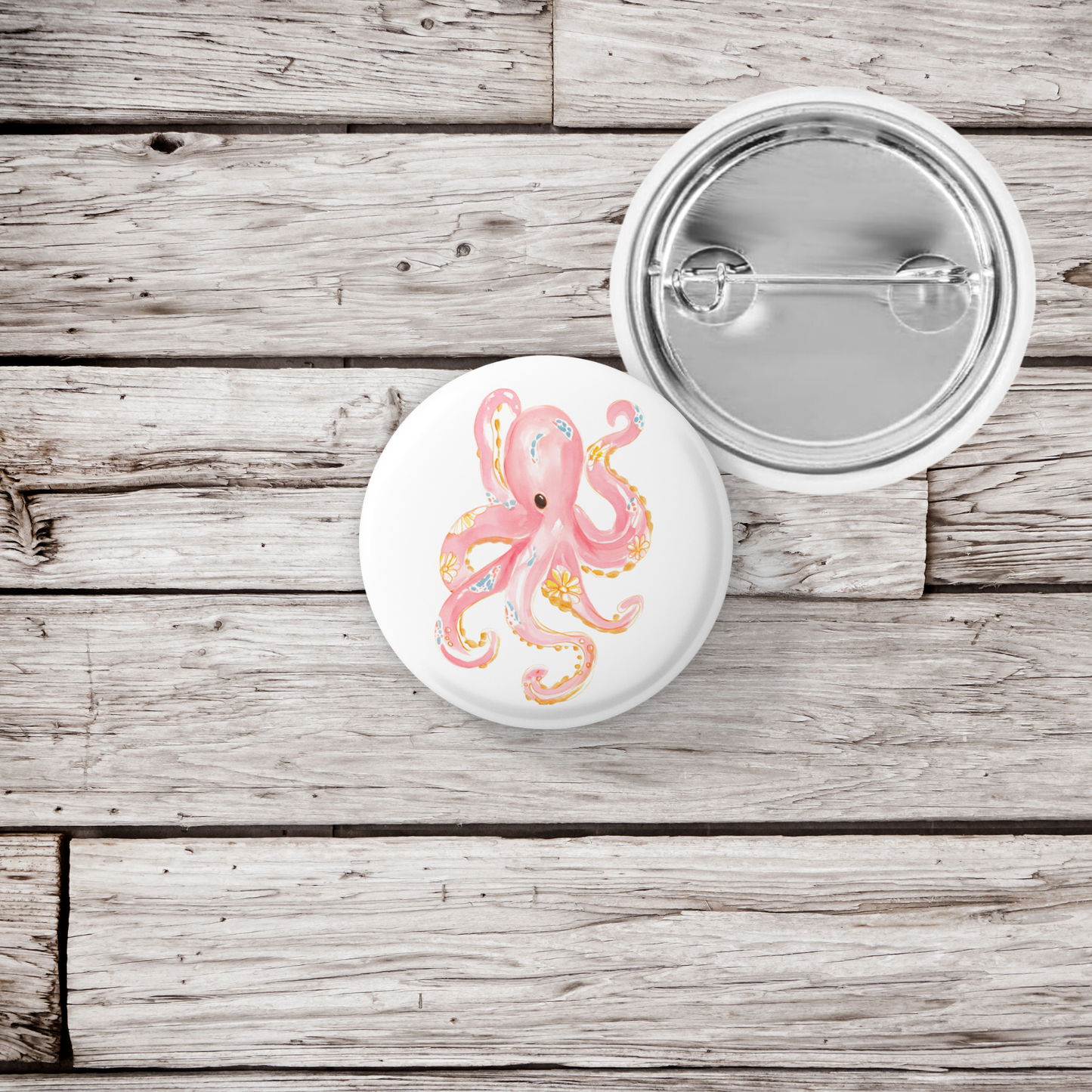 Pink Floral Octopus 2 Pin Back Button, Magnet