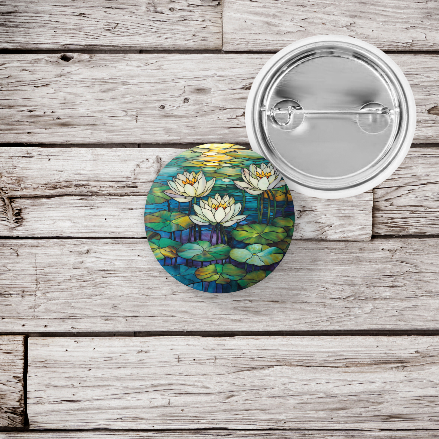 Water Lily 3 Stained Glass Pin Back Button, Magnet