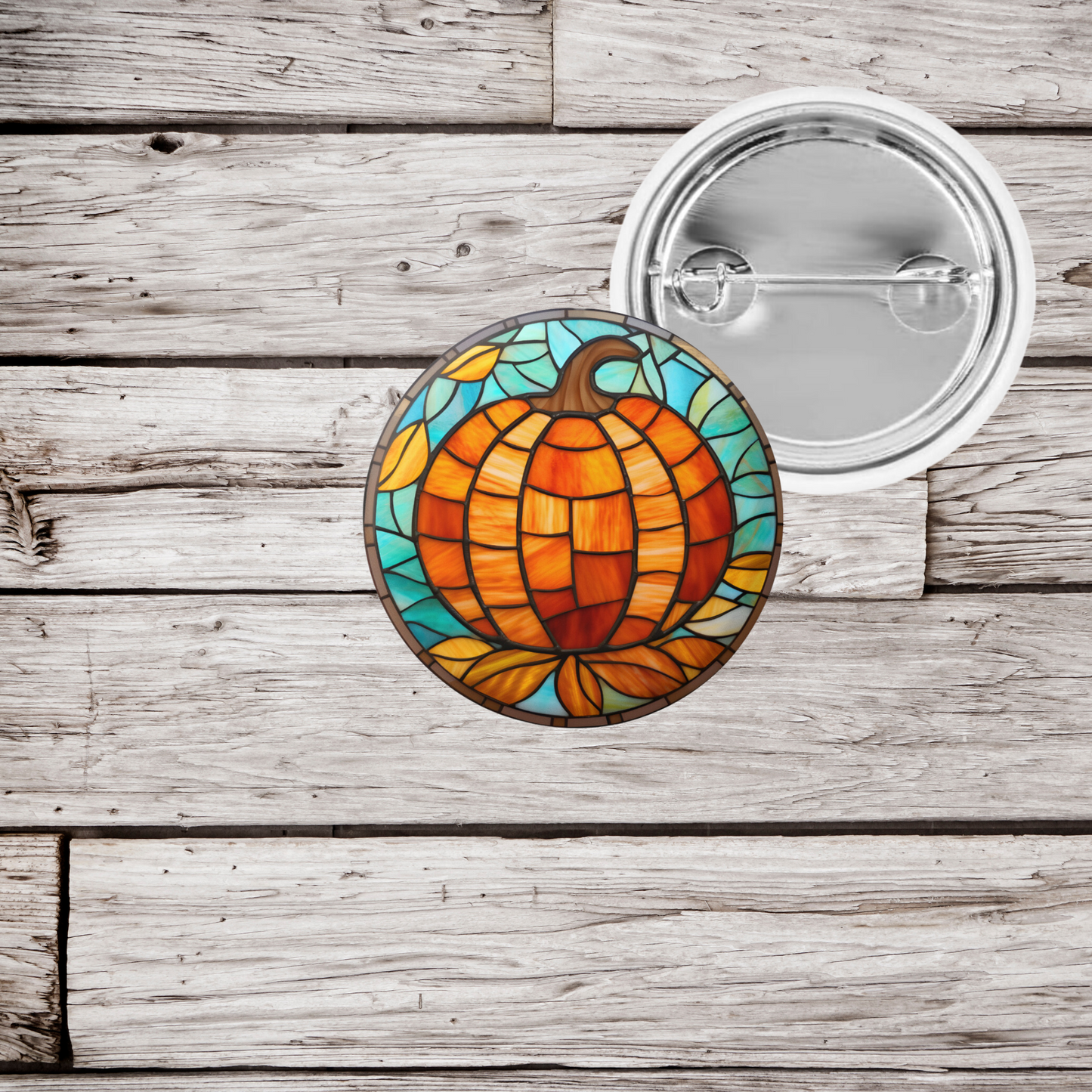 Stained Glass Pumpkin Pin Back Button, Magnet, Keychain