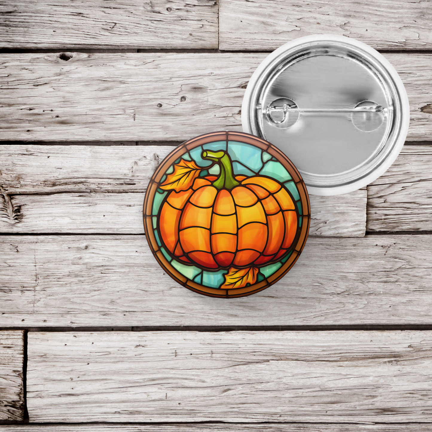 Stained Glass Pumpkin Pin Back Button, Magnet, Keychain