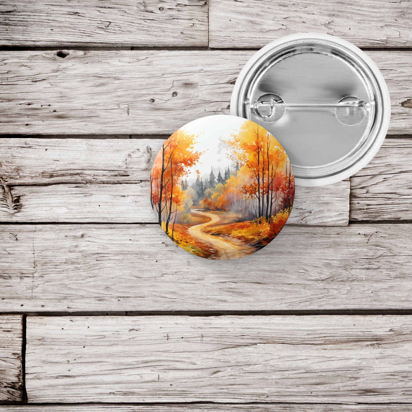 Fall Woods Landscape Pin Back Button, Magnet, Keychain