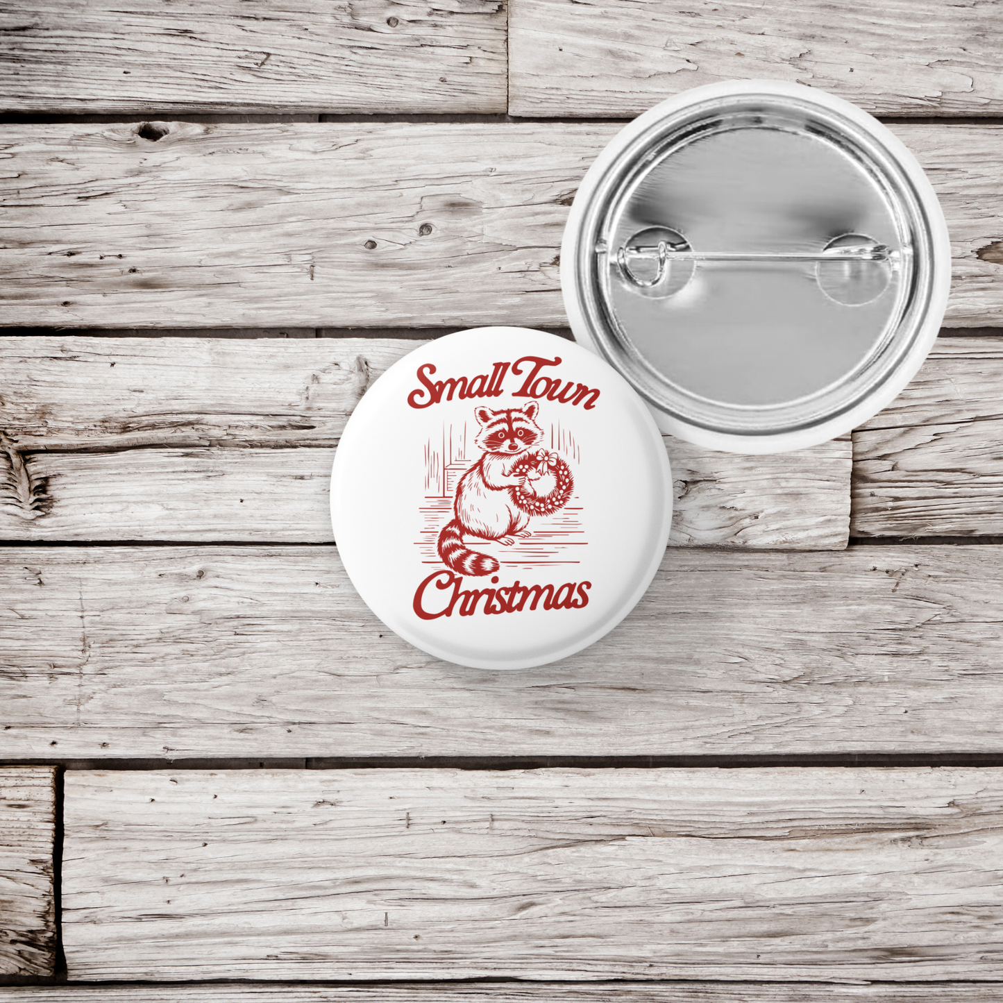 Small Town Christmas Raccoon Pin Back Button, Magnet