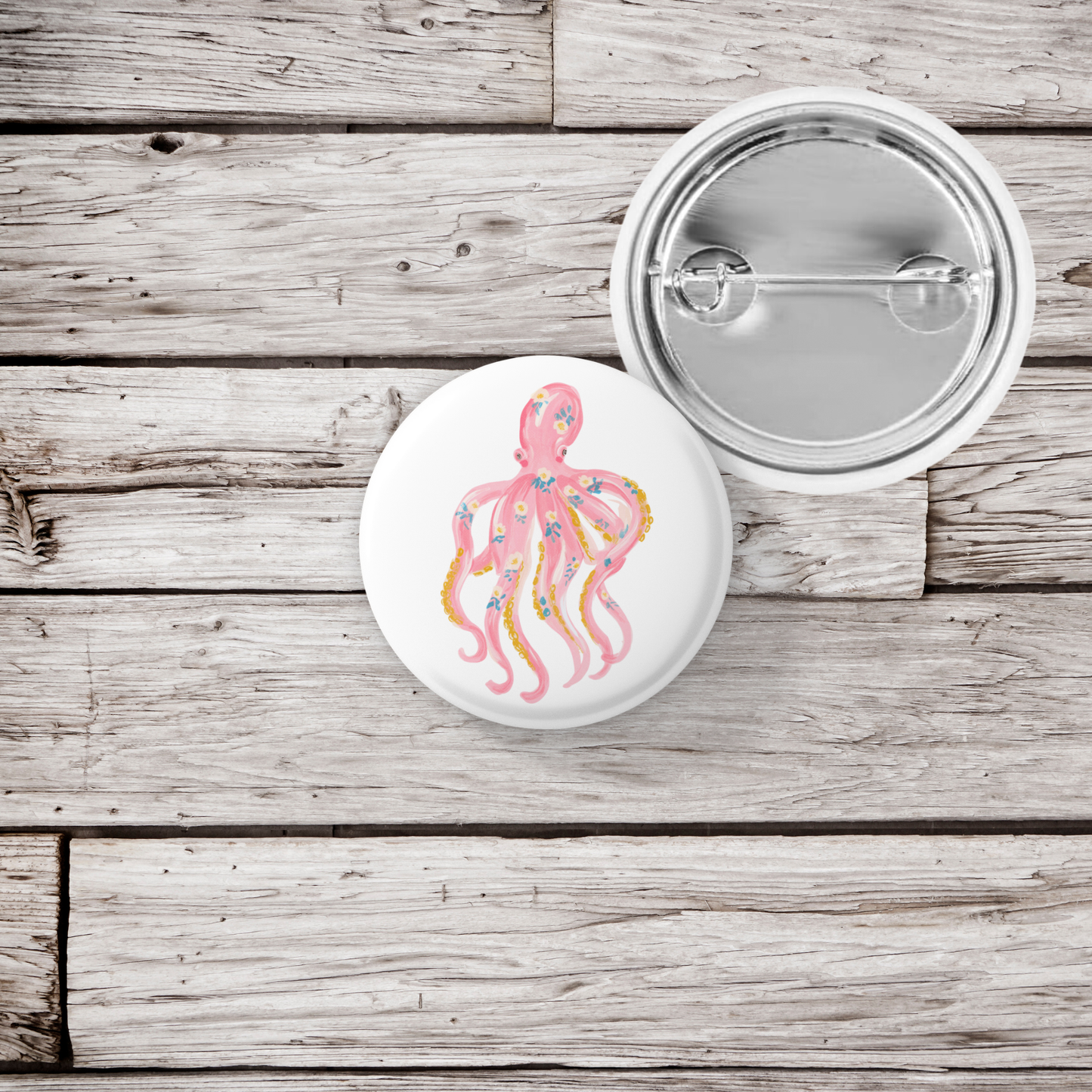 Pink Floral Octopus 1 Pin Back Button, Magnet