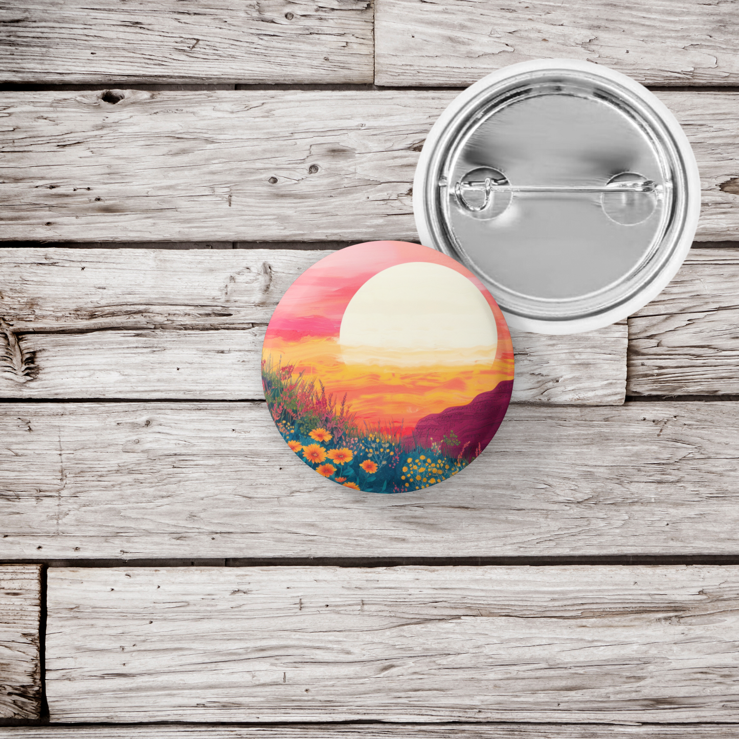 Sunset Wildflowers Pin Back Button, Magnet