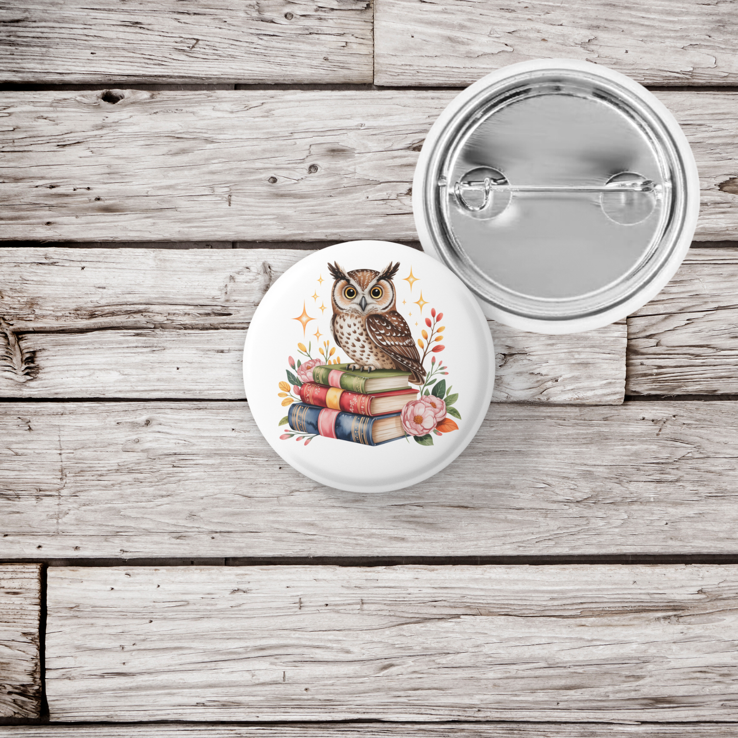 Owl Book Pin Back Button, Magnet
