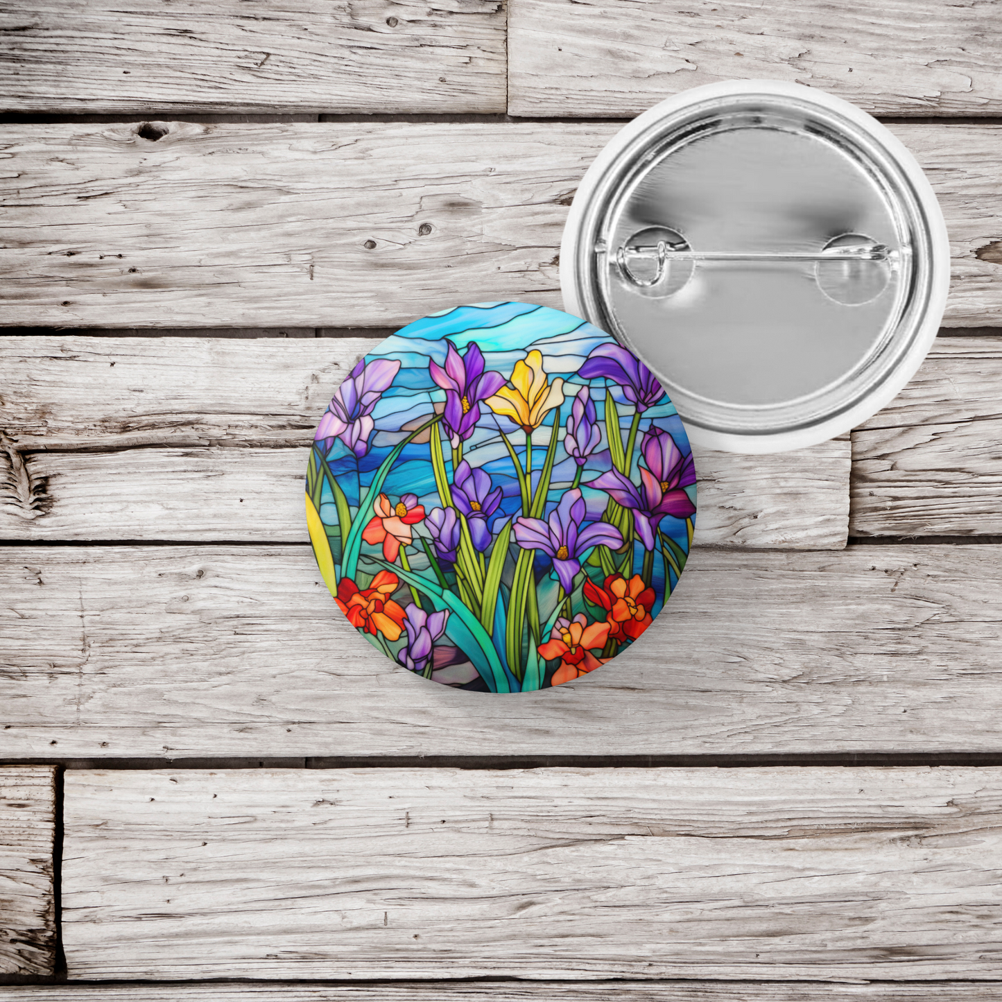 Stained Glass Flower Pin Back Button, Magnet, Keychain