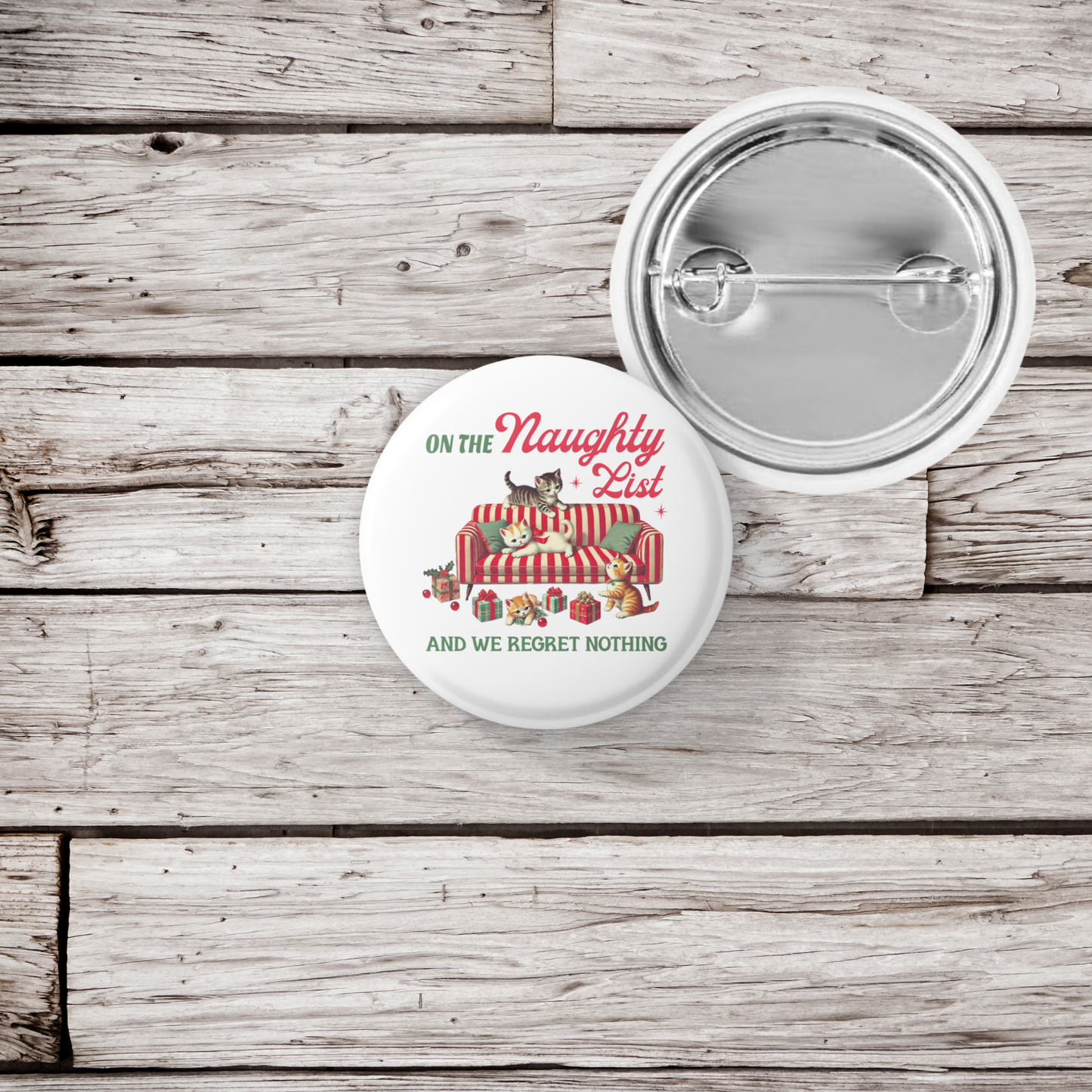 On The Naughty List Cats Pin Back Button, Magnet