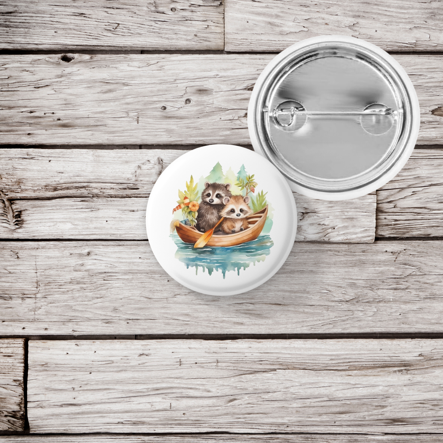 Raccoon in Boat Pin Back Button, Magnet
