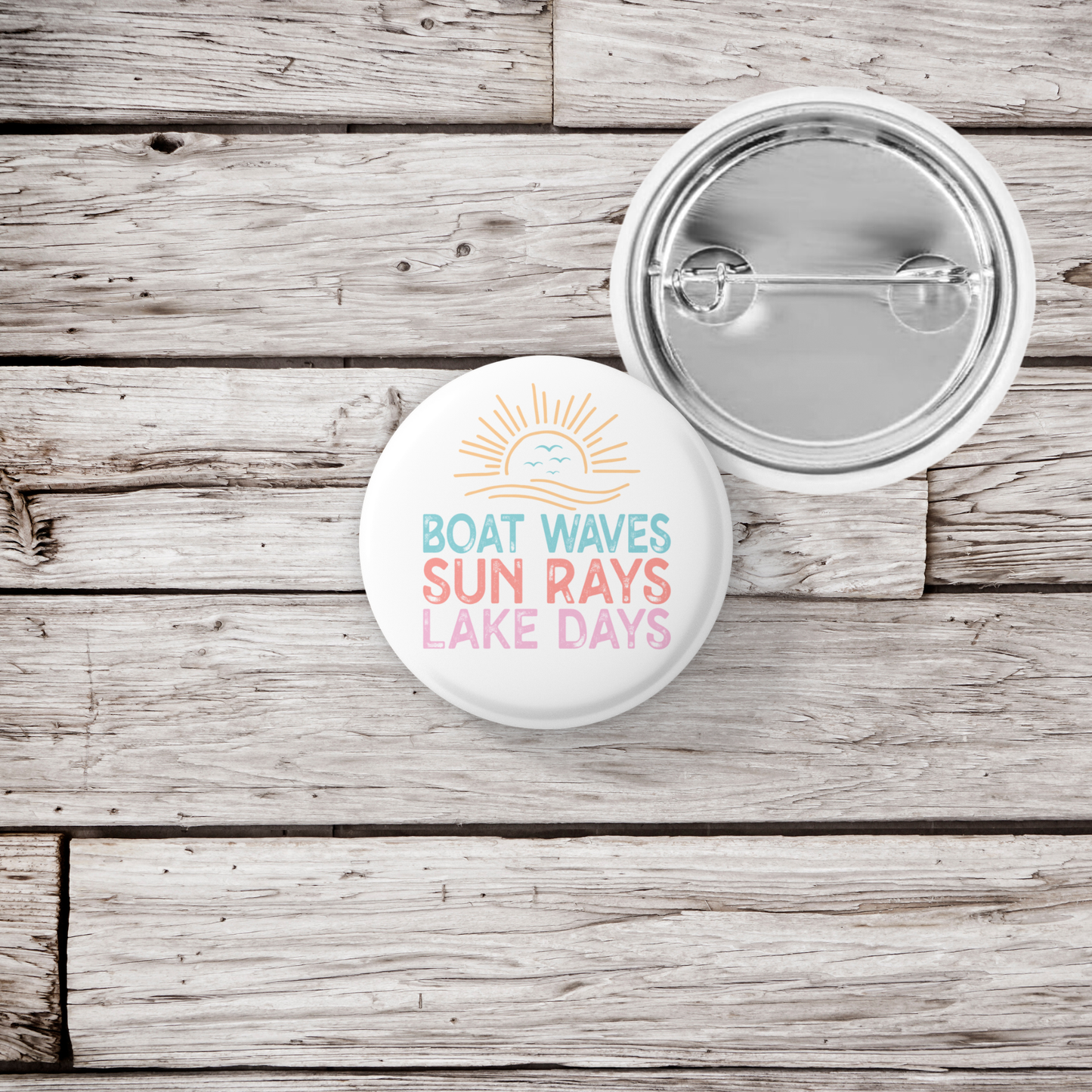 Boat Waves Sun Rays Lake Days Pin Back Button, Magnet