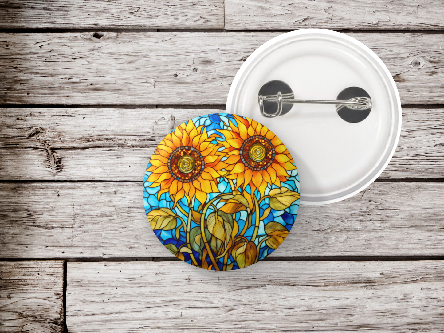 Stained Glass Sunflower Pin Back Button