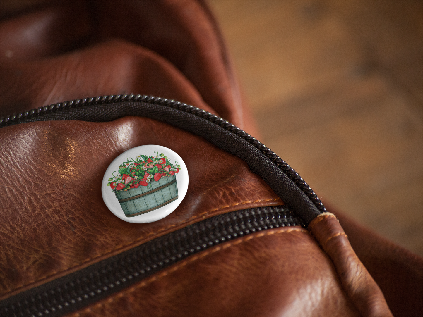 Strawberry Barrel Pin Back Button, Magnet, Keychain