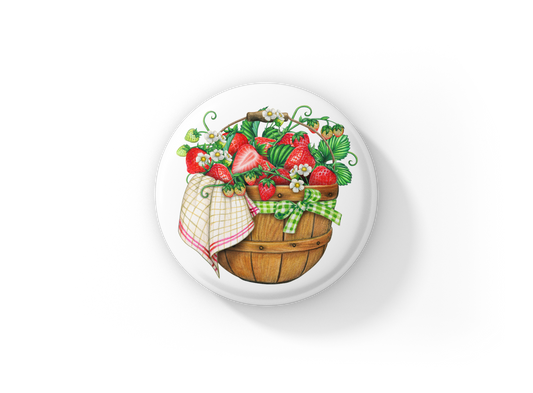 Strawberry Basket Pin Back Button, Magnet, Keychain