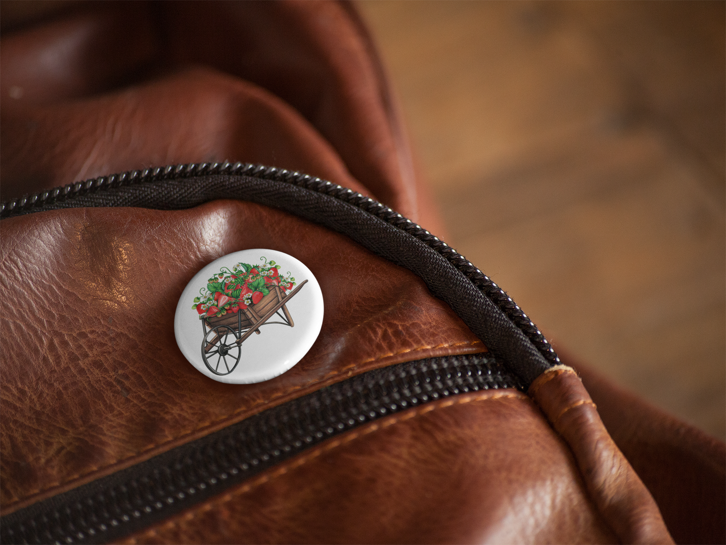 Strawberry Wheelbarrow Pin Back Button, Magnet, Keychain