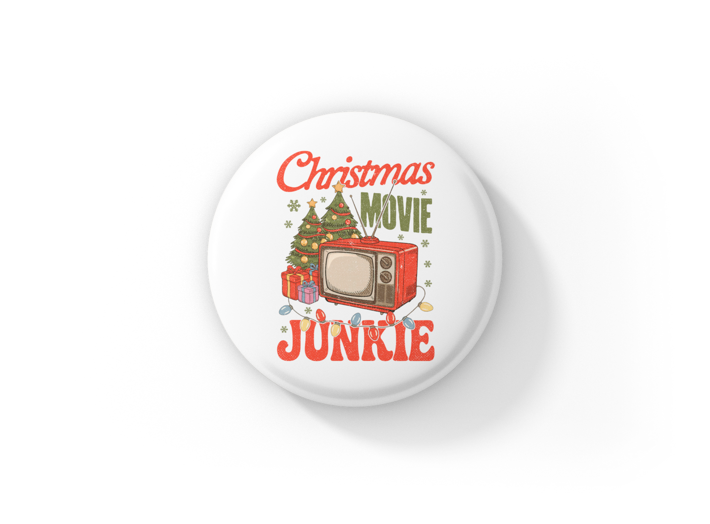 Christmas Movie Junkie Is In The Air Pin Pin Back Button, Magnet