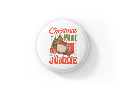 Christmas Movie Junkie Is In The Air Pin Pin Back Button, Magnet