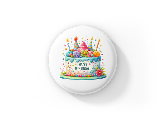 Happy Birthday Cake Pin Back Button, Magnet