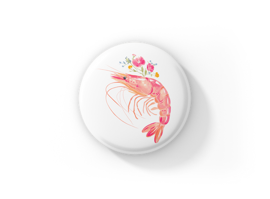 Pink Floral Shrimp Pin Back Button, Magnet
