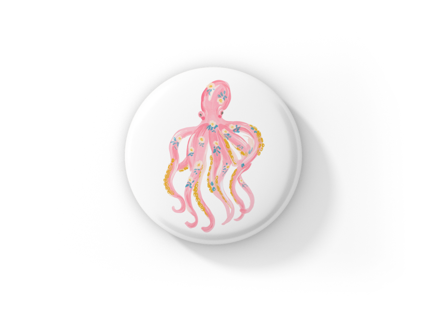 Pink Floral Octopus 1 Pin Back Button, Magnet