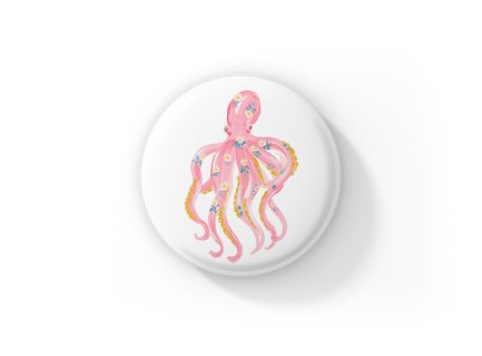 Pink Floral Octopus 1 Pin Back Button, Magnet