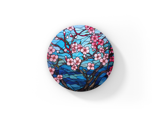 Stained Glass Cherry Blossoms Pin Back Button, Magnet, Keychain