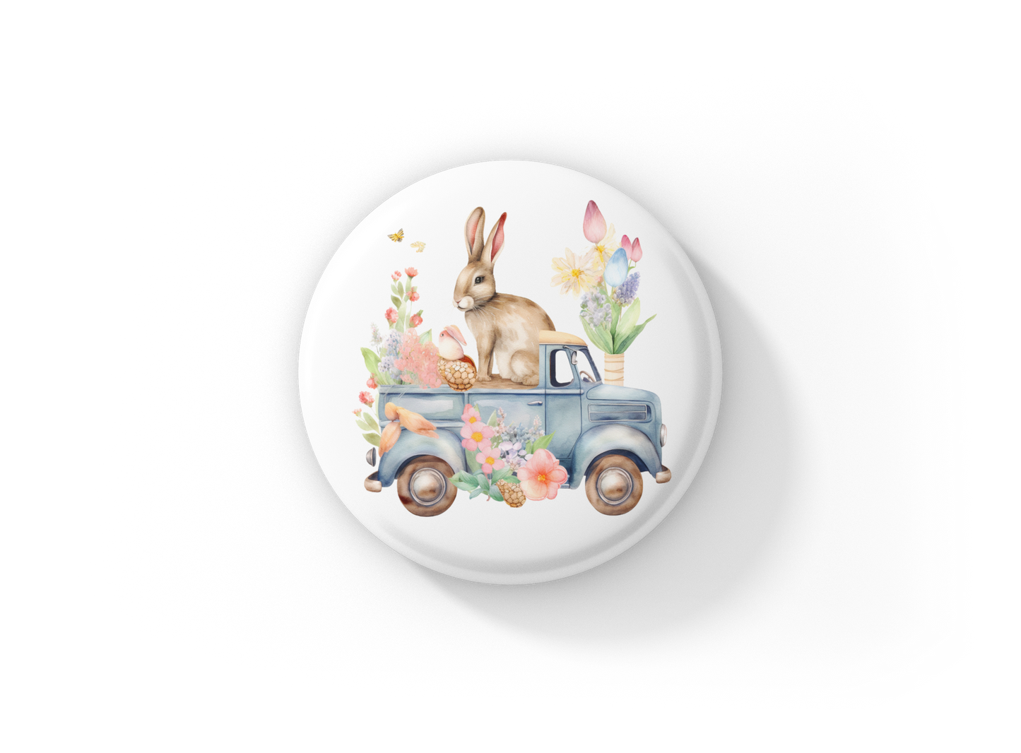 Easter Bunny Truck Pin Back Button, Magnet, Keychain