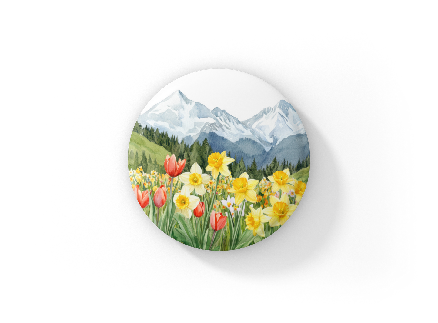 Mountains Spring Flowers 1 Pin Back Button, Magnet