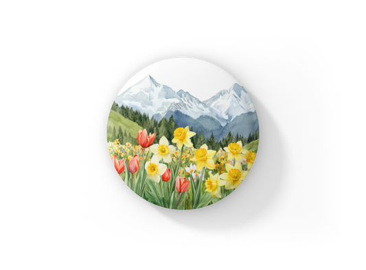 Mountains Spring Flowers 1 Pin Back Button, Magnet