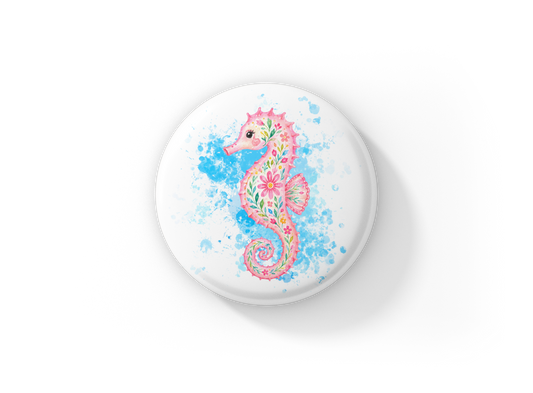 Pink Seahorse Pin Back Button, Magnet