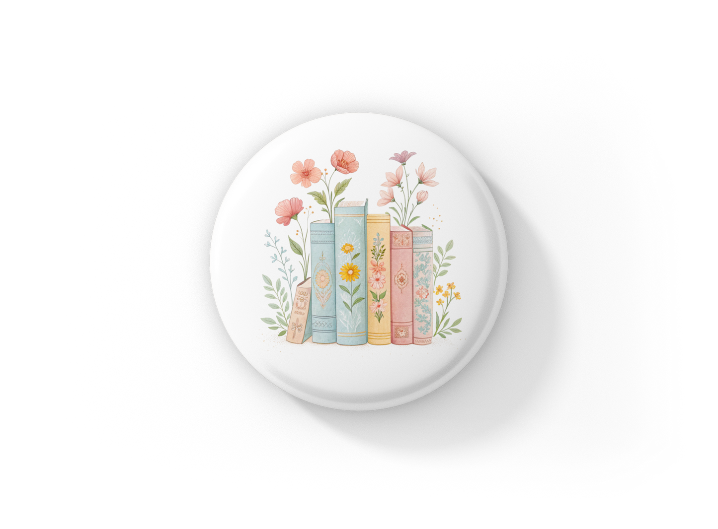 Floral Books Pin Back Button, Magnet
