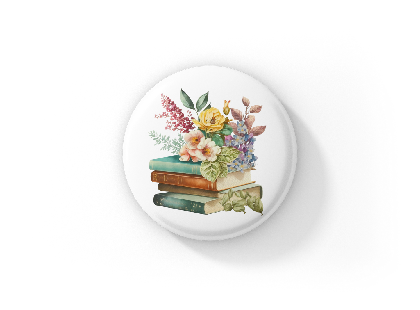 Floral Books 2 Pin Back Button, Magnet, Keychain