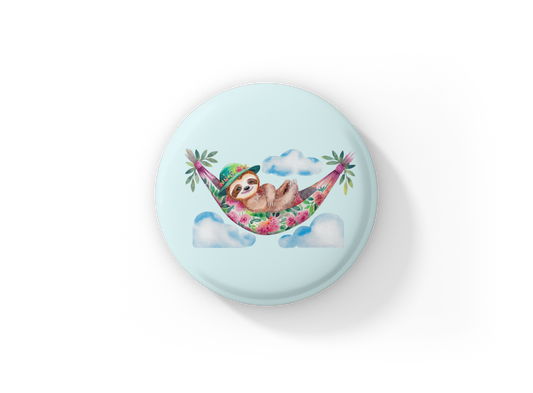 Sloth In Hammock Pin Back Button, Magnet