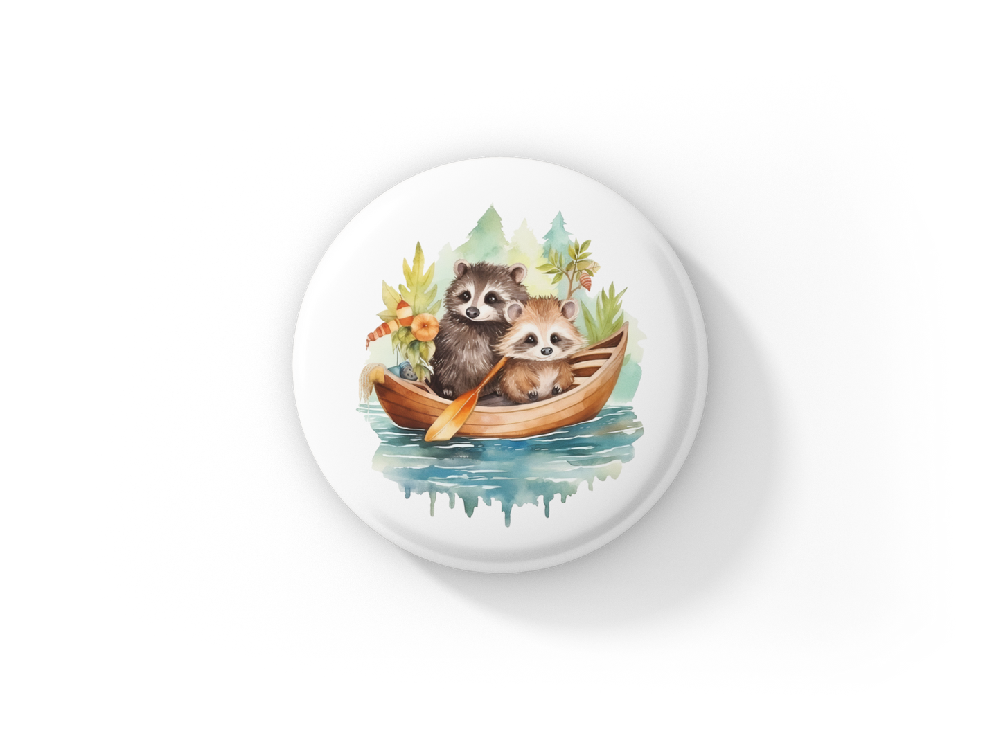 Raccoon in Boat Pin Back Button, Magnet