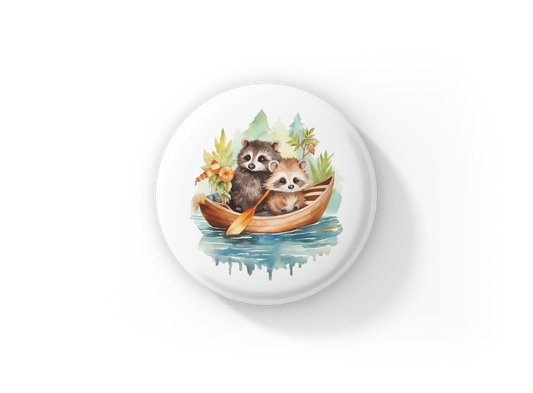 Raccoon in Boat Pin Back Button, Magnet