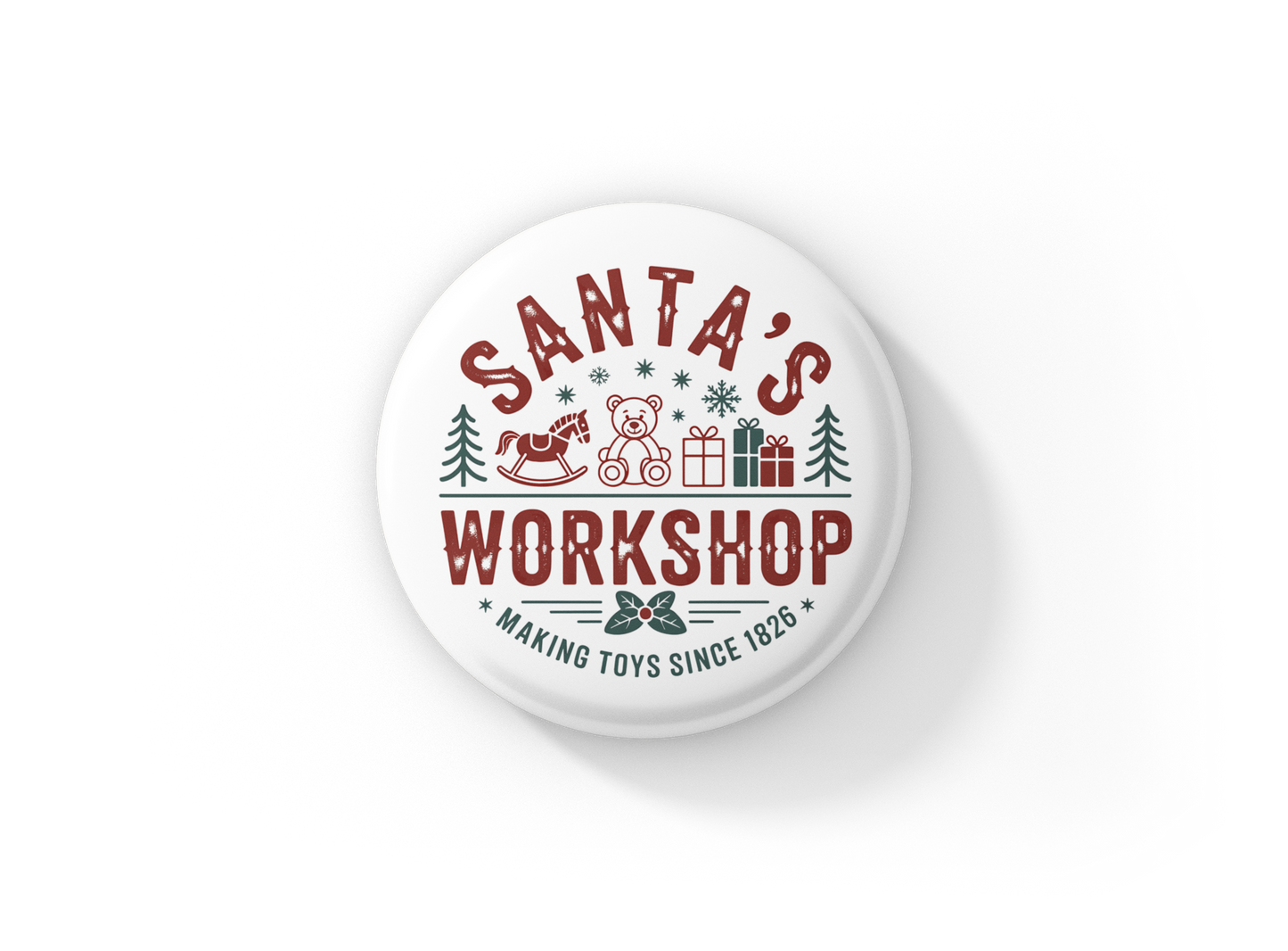 Santa's Workshop Pin Back Button, Magnet