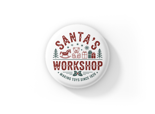 Santa's Workshop Pin Back Button, Magnet