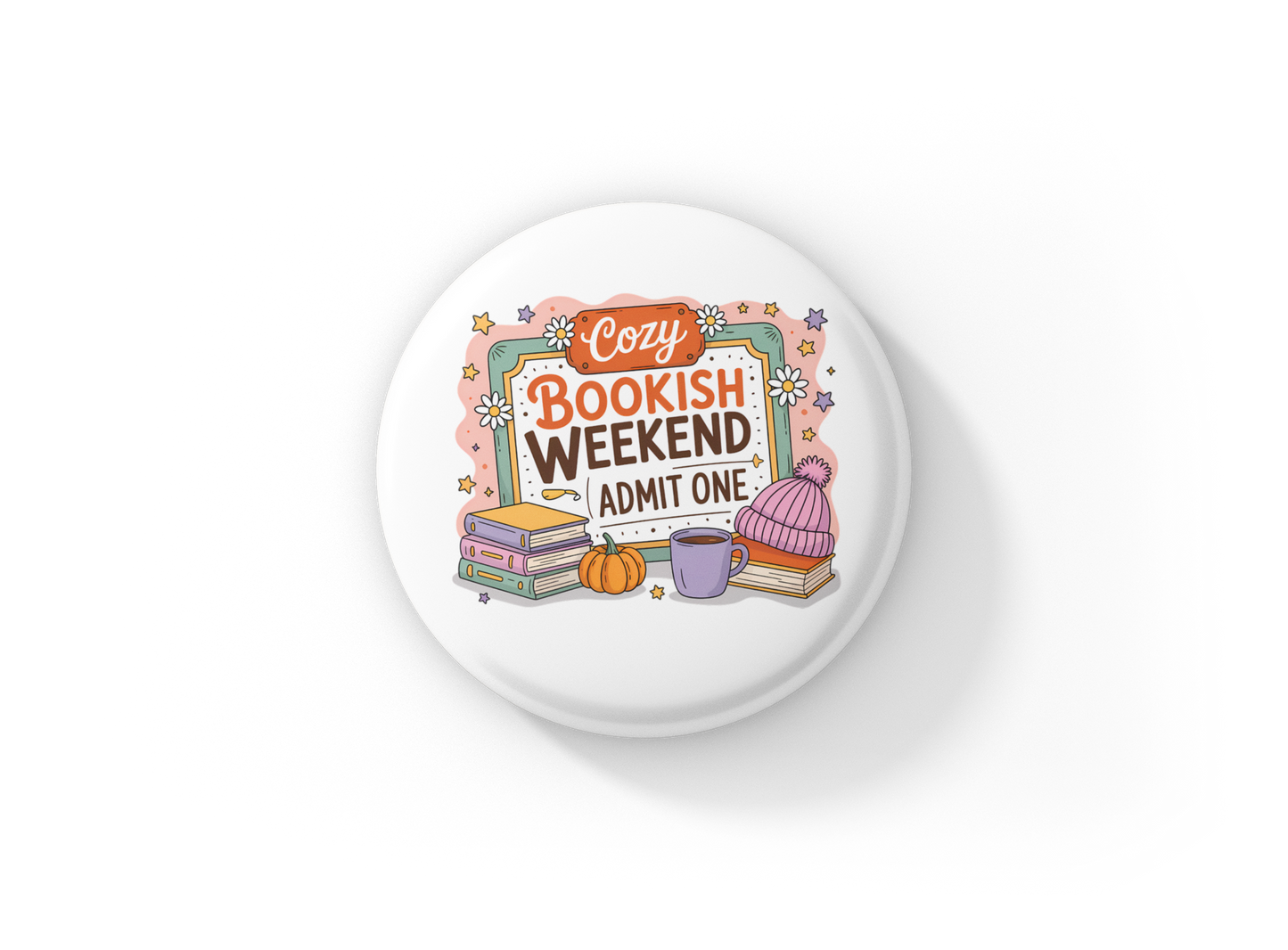 Cozy Bookish Weekend Pin Back Button, Magnet
