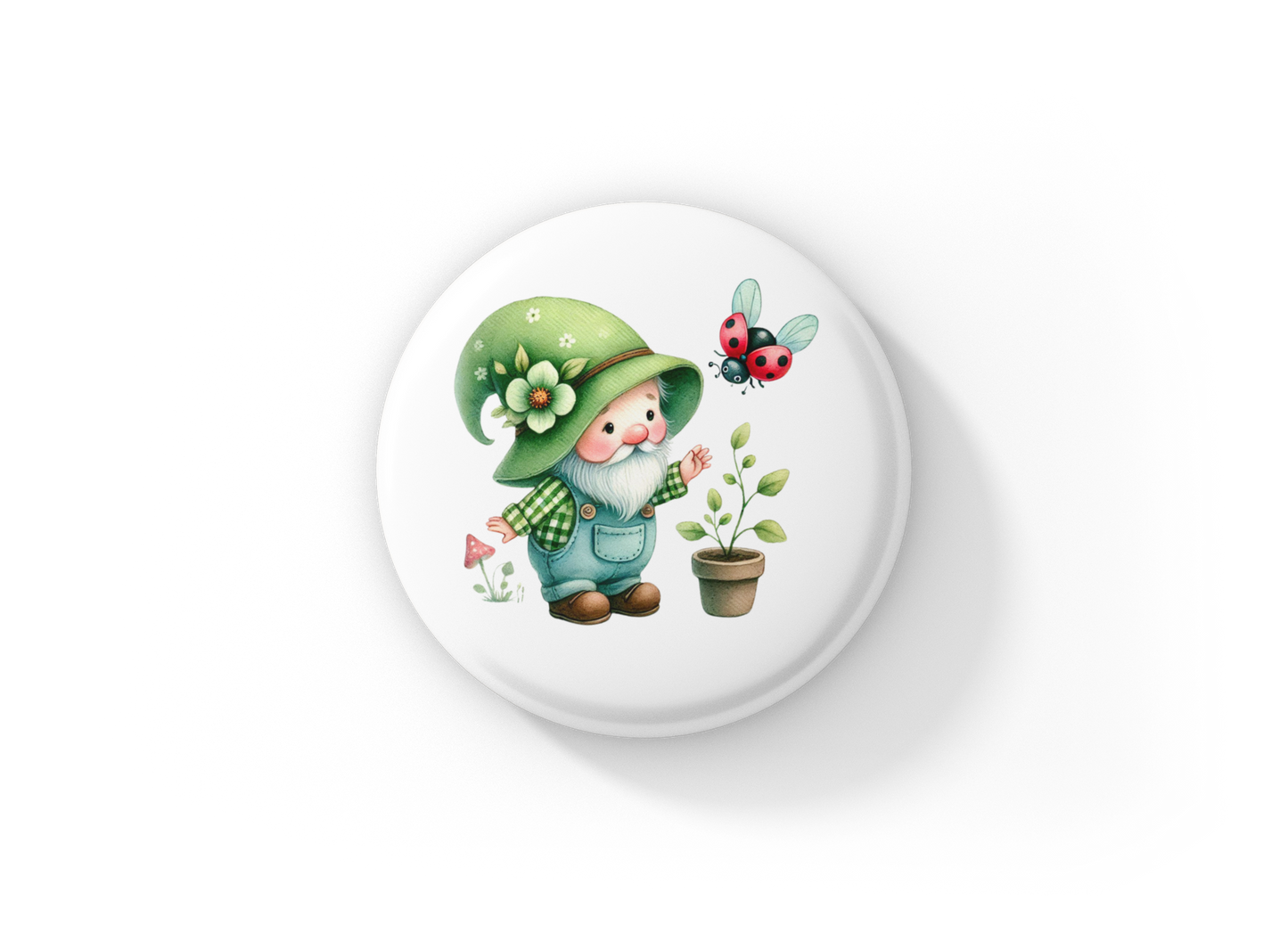 Garden Gnome Lady Bug Pin Back Button, Magnet