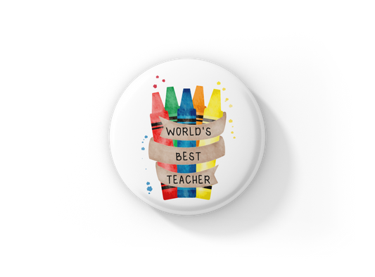 Worlds Best Teacher Pin Back Button, Magnet, Keychain